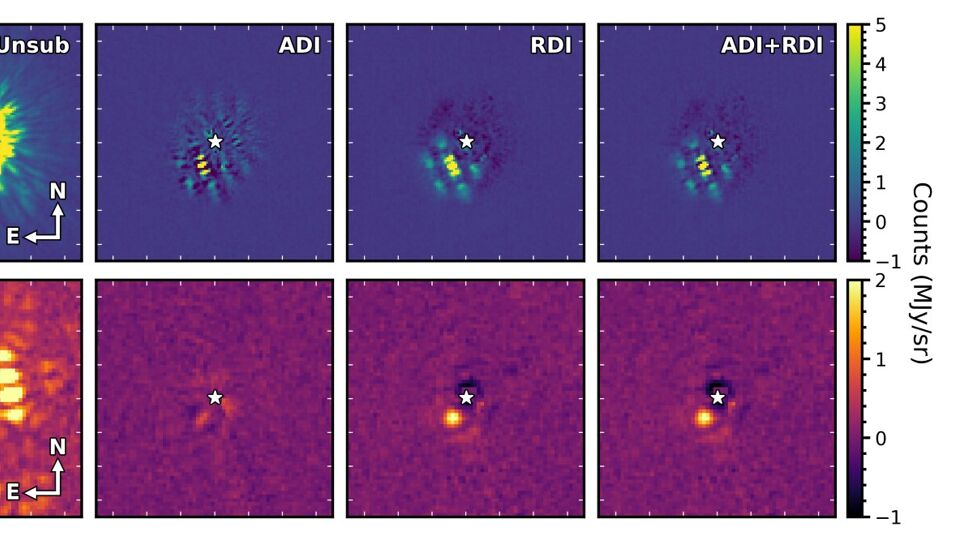 Beelden van de planeet door de NIRCam (boven) en MIRI. Links is het licht van de ster niet weggewerkt. 