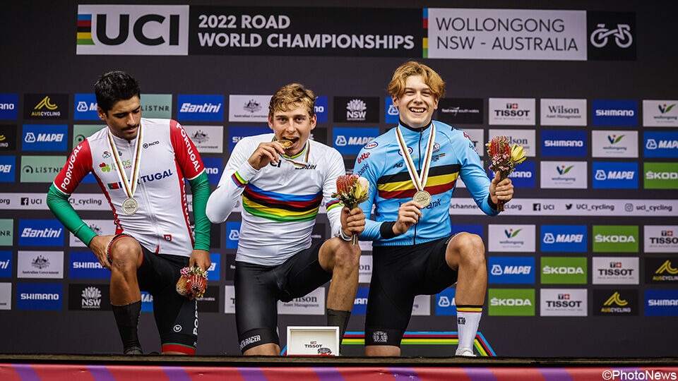 Van links naar rechts: Morgado baalt, Herzog is wereldkampioen, Van Mechelen dolblij met brons.