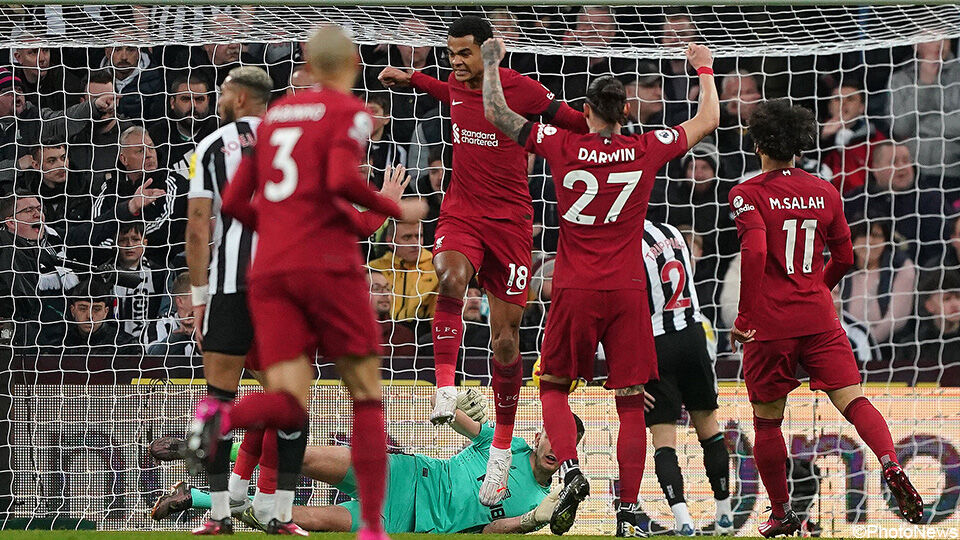 Spelers van Liverpool vieren na het doelpunt van Gakpo.