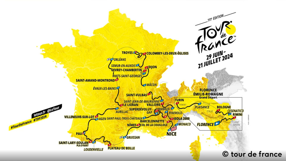 Het kaartje van de Tour de France 2024.