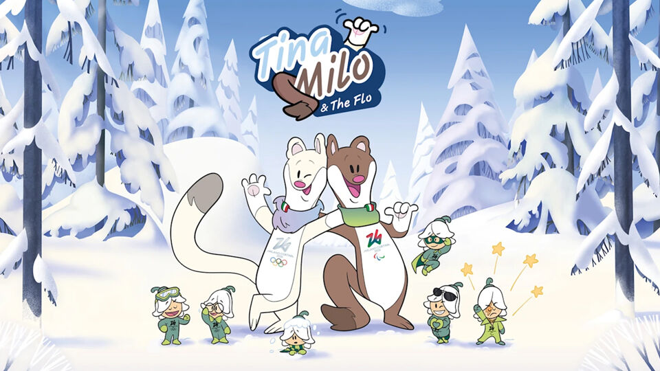 Tine en Milo staan met de arm om elkaar. Tina is een witte hermelijn, Milo een bruine. Ze zijn omringd door hun schattige vriendjes: The Flo.