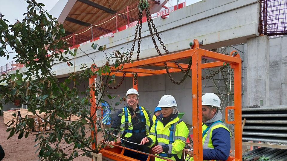 Symbolische meiboom geplaatst op 13 meter hoge boog van het