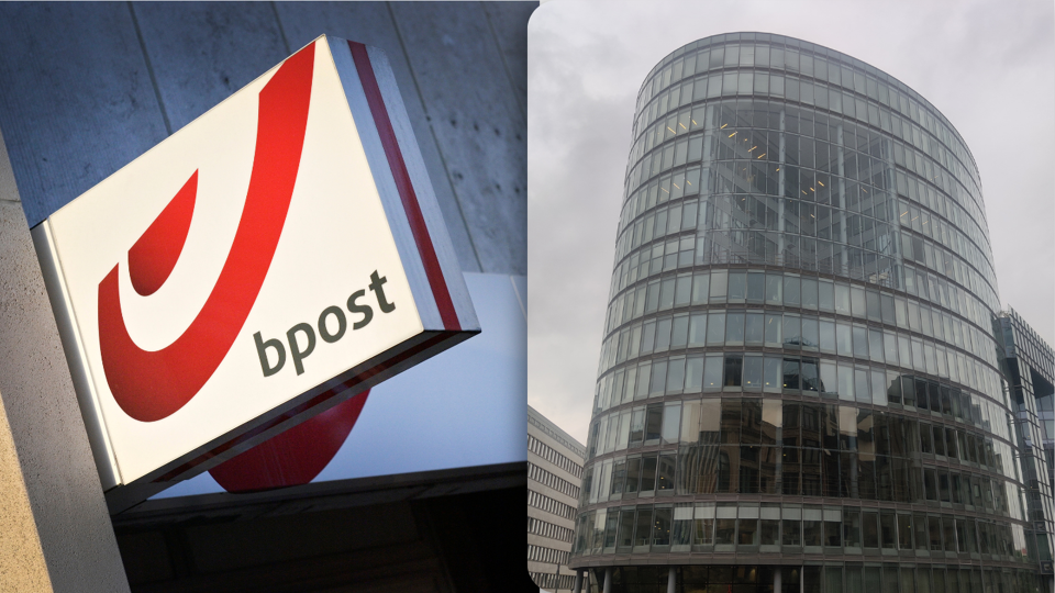 Links: logo van bpost, rechts: gebouw waarin diensten van Justitie samenwerken met bpost