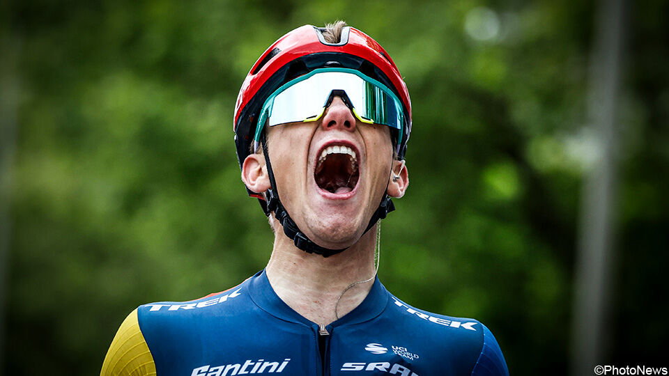 Een emotionele Thibau Nys gisteren na zijn ritzege in de Ronde van Zwitserland.