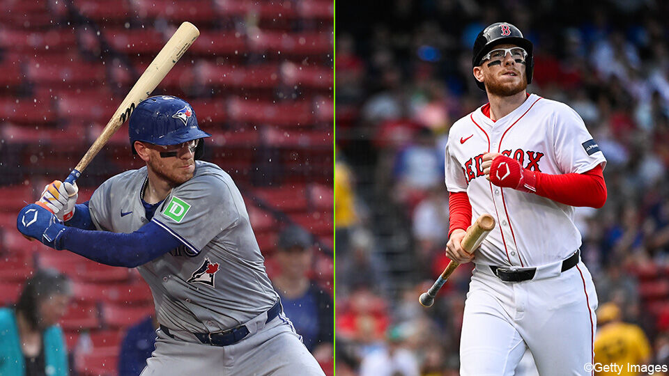 Danny Jansen, links als speler van Toronto in juni, rechts als speler van Boston eerder deze week.