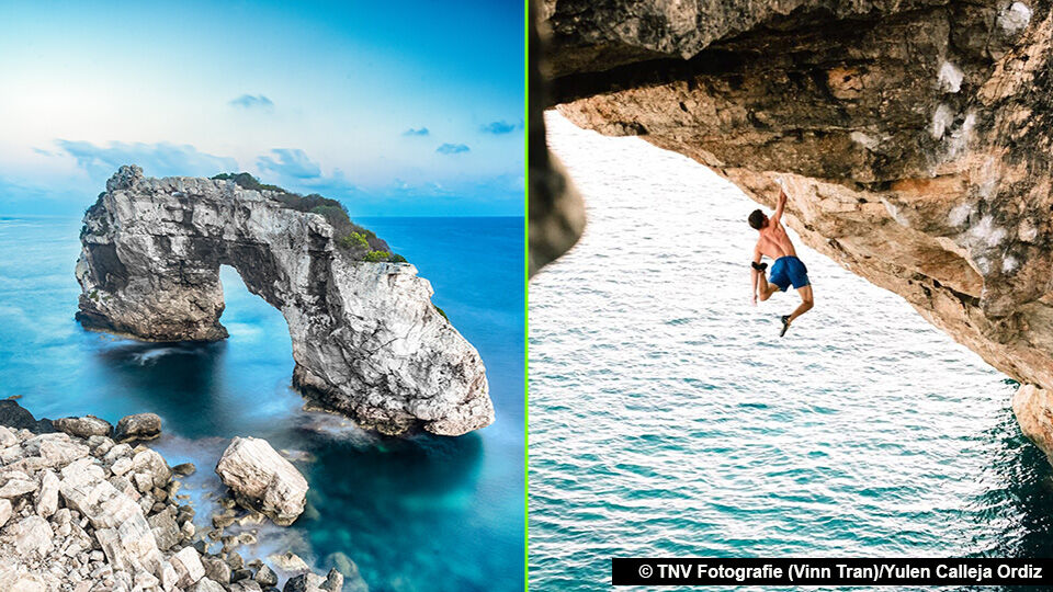 Es Pontas in Mallorca, met rechts Hannes Van Duysen die aan de rots bungelt.