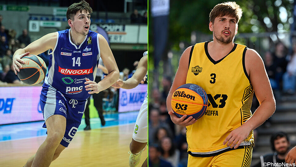 Jonas Foerts in het shirt van Kangoeroes en als 3x3-speler.