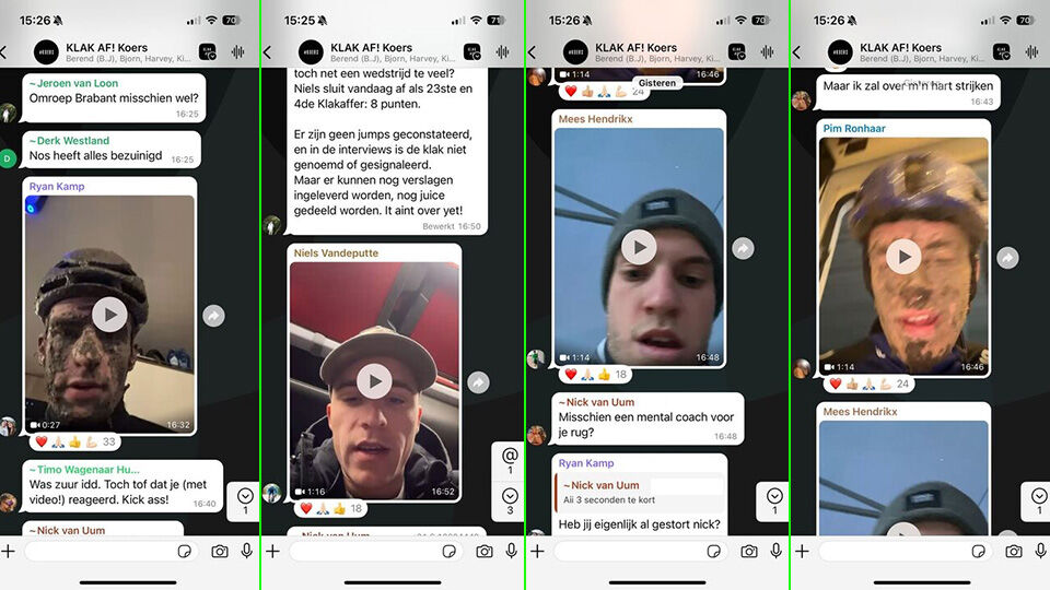 De renners doen hun verhaal in de Whatsapp-groep na de cross in Dendermonde.