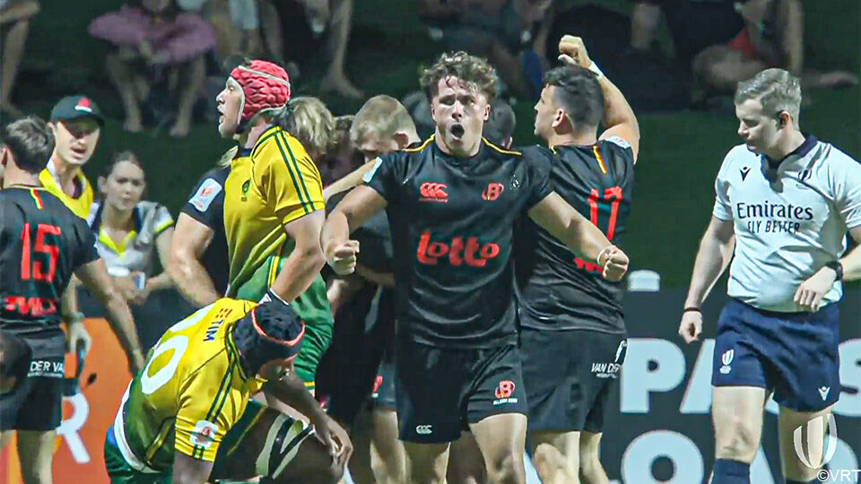 Vreugde bij de Belgen bij de beslissende try op enkele seconden van het einde.