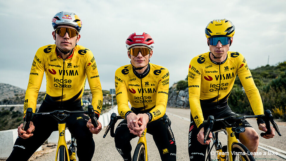 Wout van Aert, Jonas Vingegaard and Matthew Brennan.